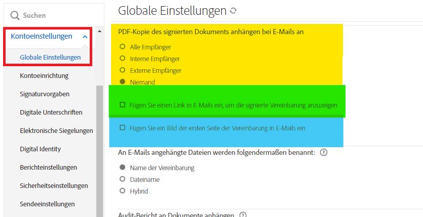 Globale Einstellungen im Admin-Menü, in denen die Optionen zum Anhängen einer PDF-Datei und zum Anzeigen eines Bildes und eines Links in E-Mails hervorgehoben sind.