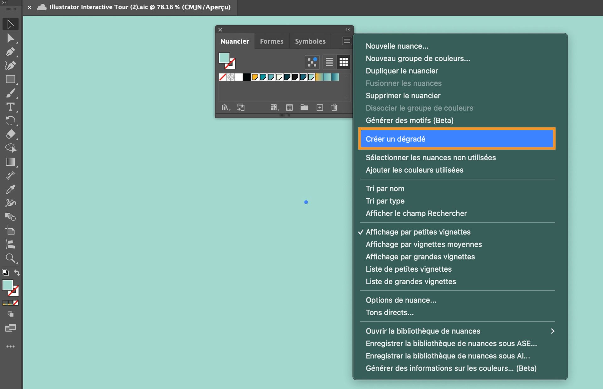 Espace de travail Illustrator avec le panneau Nuancier ouvert et l’option « Créer un dégradé » sélectionnée dans le menu déroulant.