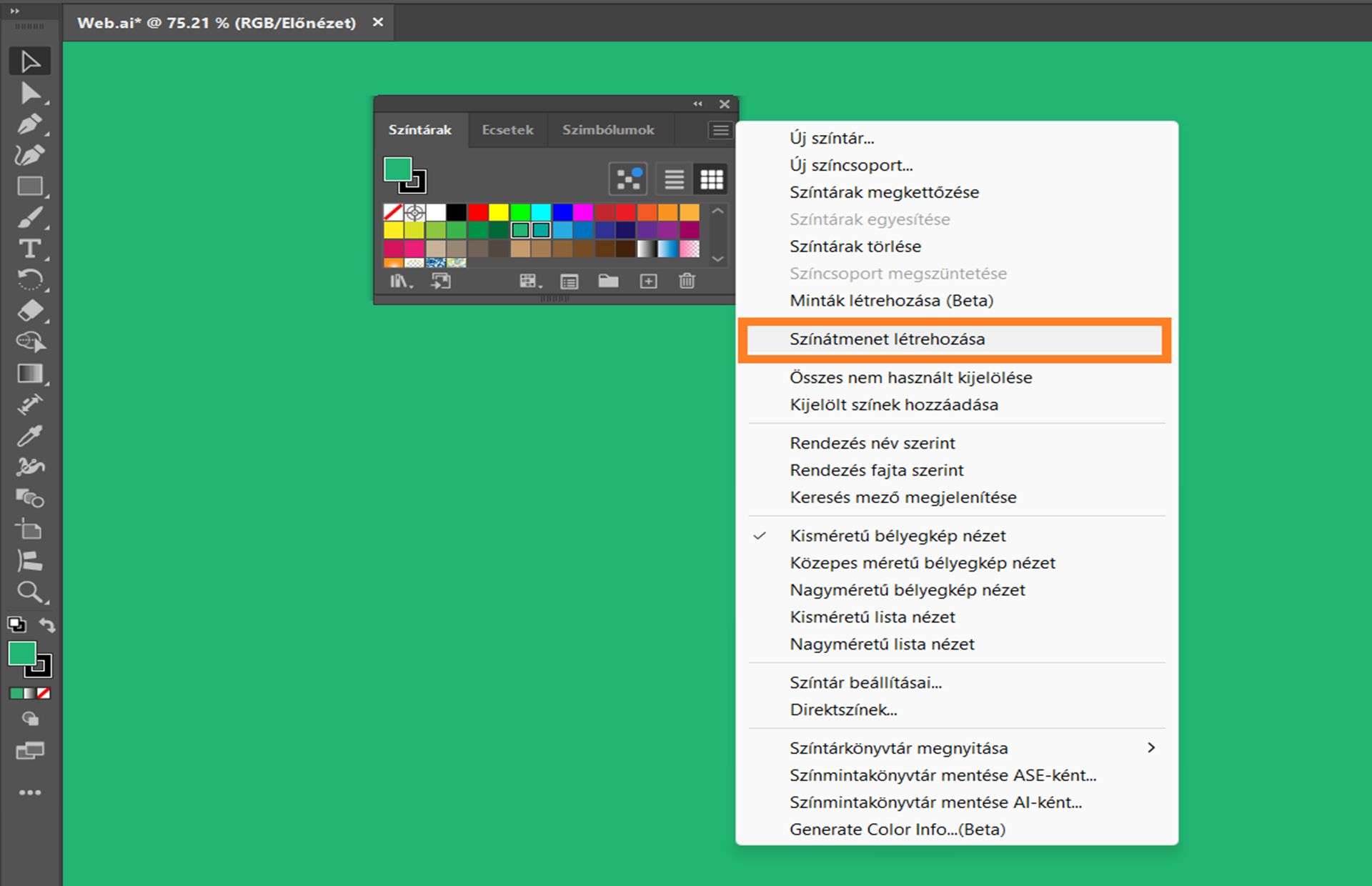 Az Illustrator munkaterülete megnyitott Színtárak panellel, ahol a legördülő menüből a „Színátmenet létrehozása” lehetőség ki van választva.