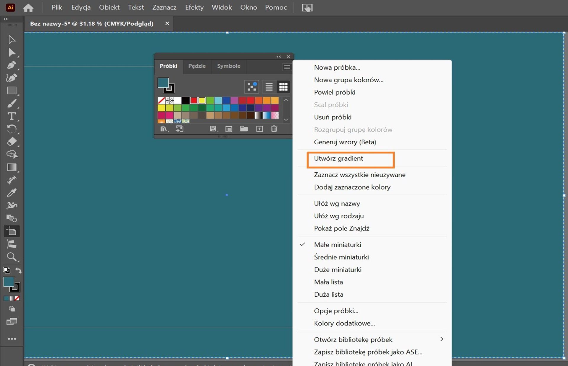 Obszar roboczy programu Illustrator z otwartym panelem Próbki i opcją „Utwórz gradient” wybraną z menu rozwijanego.