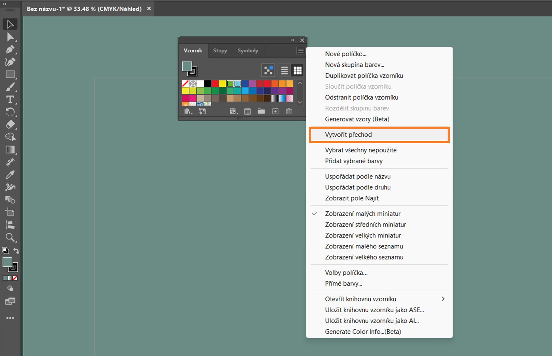Pracovní plocha aplikace Illustrator s otevřeným panelem Vzorky barev a možností „Vytvořit přechod“ vybranou z rozbalovací nabídky.