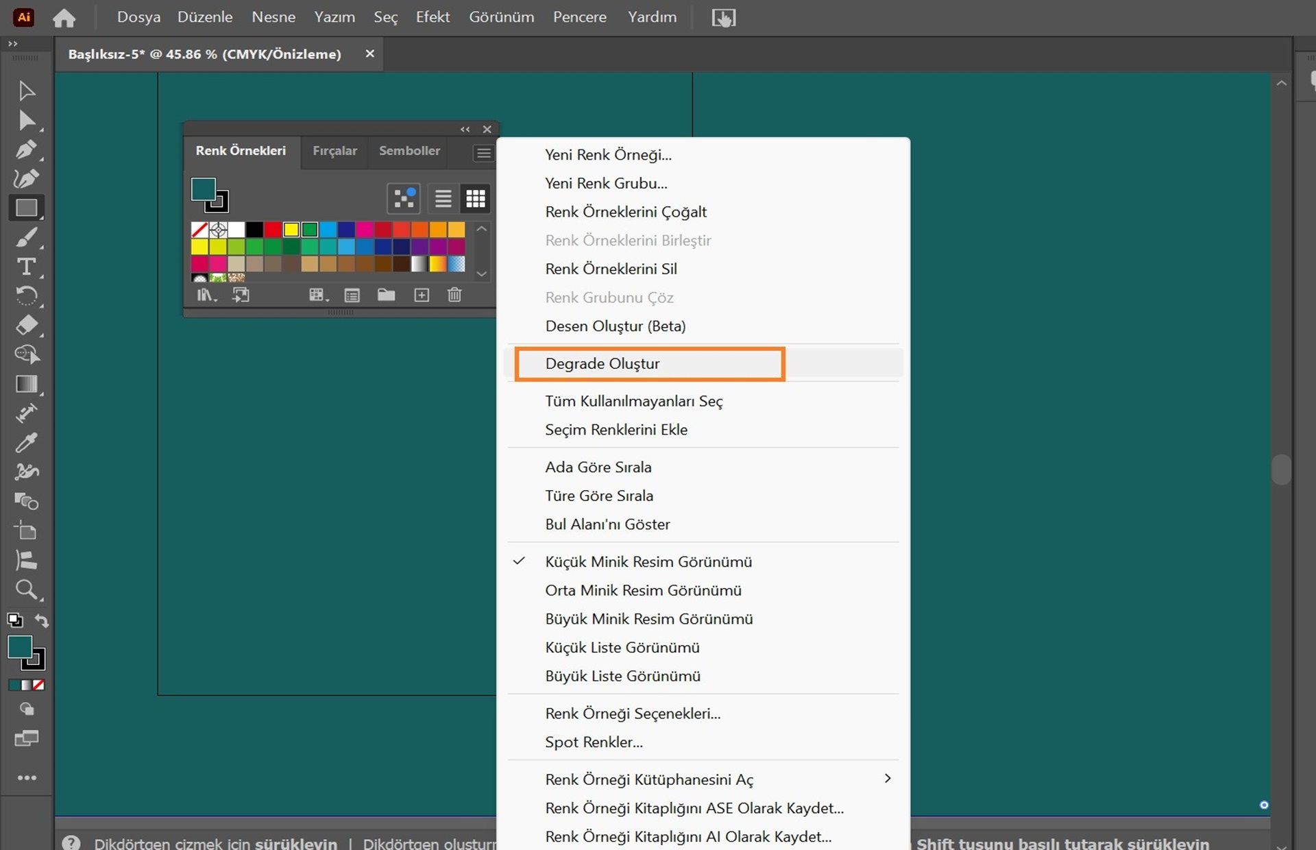 Renk Örnekleri paneli açık ve açılır menüden &quot;Degrade Oluştur&quot; seçeneği belirlenmiş Illustrator çalışma alanı.