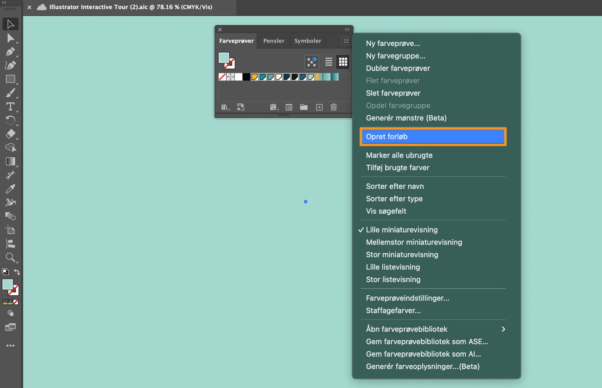 Illustrator-arbejdsrum med panelet Farveprøver åbent og indstillingen &quot;Opret farveforløb&quot; markeret på rullemenuen.