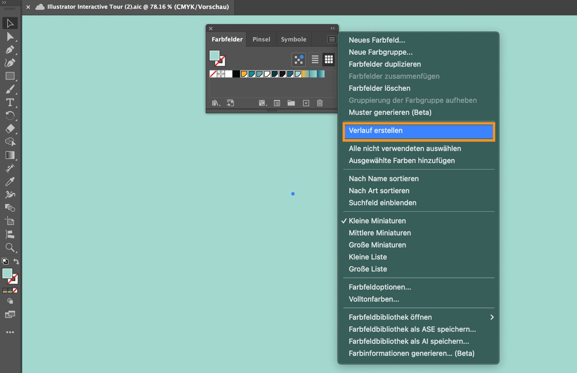 Illustrator-Arbeitsbereich, in dem das Bedienfeld „Farbfelder“ geöffnet und die Option „Verlauf erstellen“ im Dropdown-Menü ausgewählt ist.