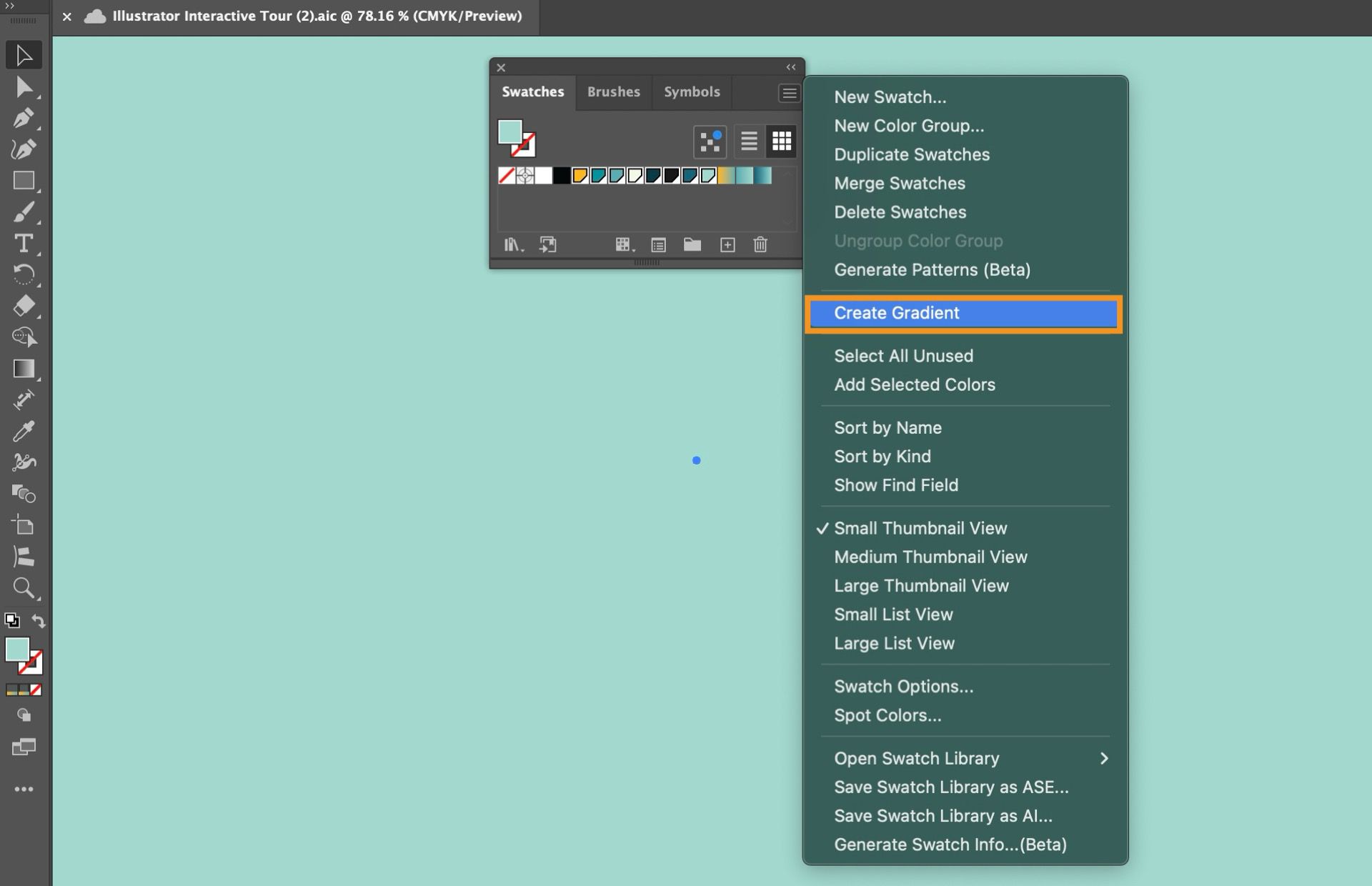 סביבת העבודה של Illustrator עם החלונית Swatches פתוחה והאפשרות Create Gradient שנבחרה מהתפריט הנפתח.