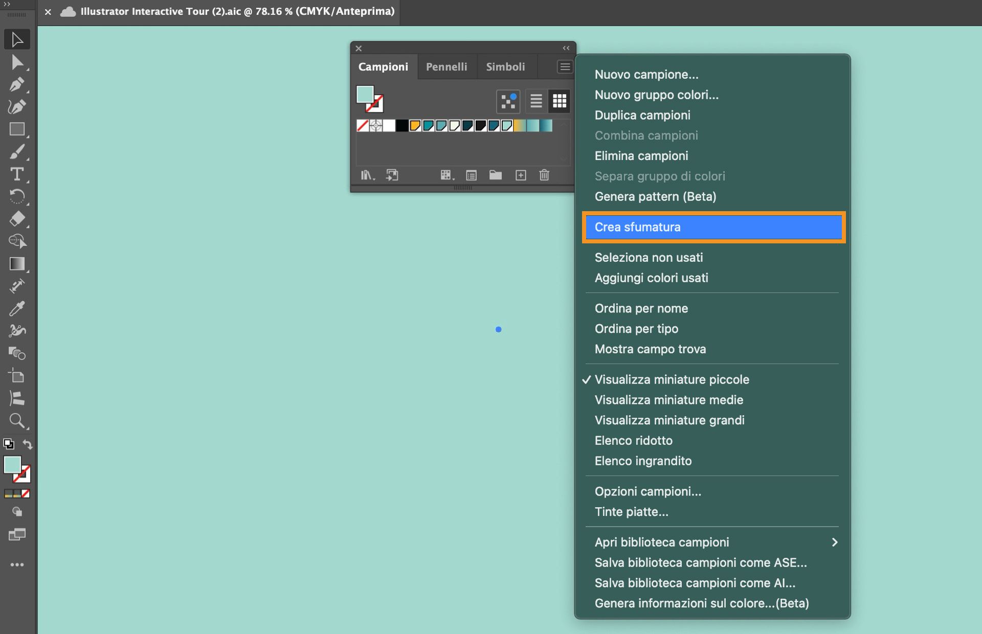 Area di lavoro di Illustrator con il pannello Campioni aperto e l'opzione “Crea sfumatura” selezionata dal menu a discesa.