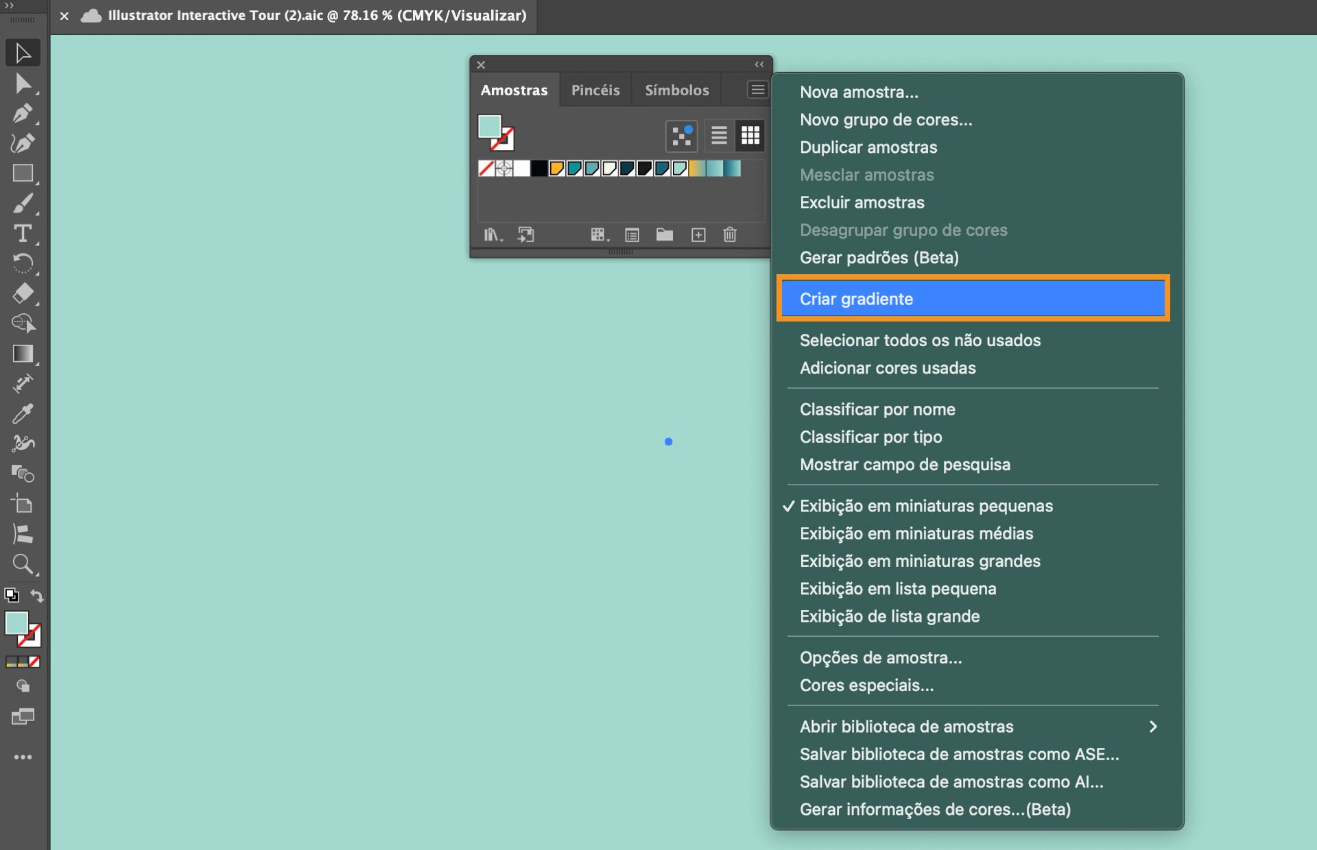 Área de trabalho do Illustrator com o painel Amostras aberto e a opção &quot;Criar gradiente&quot; selecionada no menu suspenso.