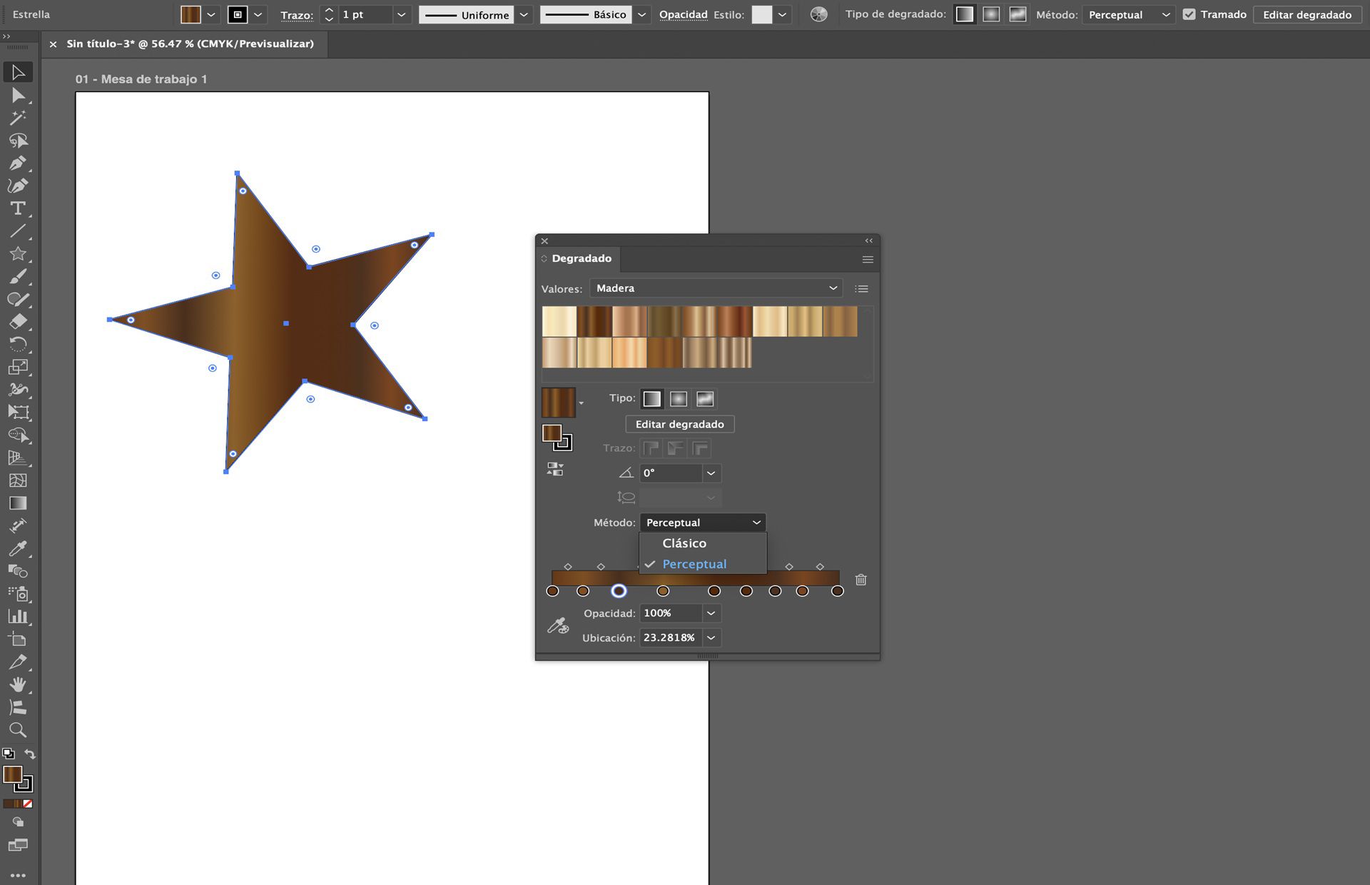 Panel Degradado en Illustrator que muestra los ajustes preestablecidos de madera con el método de interpolación ajustado a perceptual en forma de estrella.