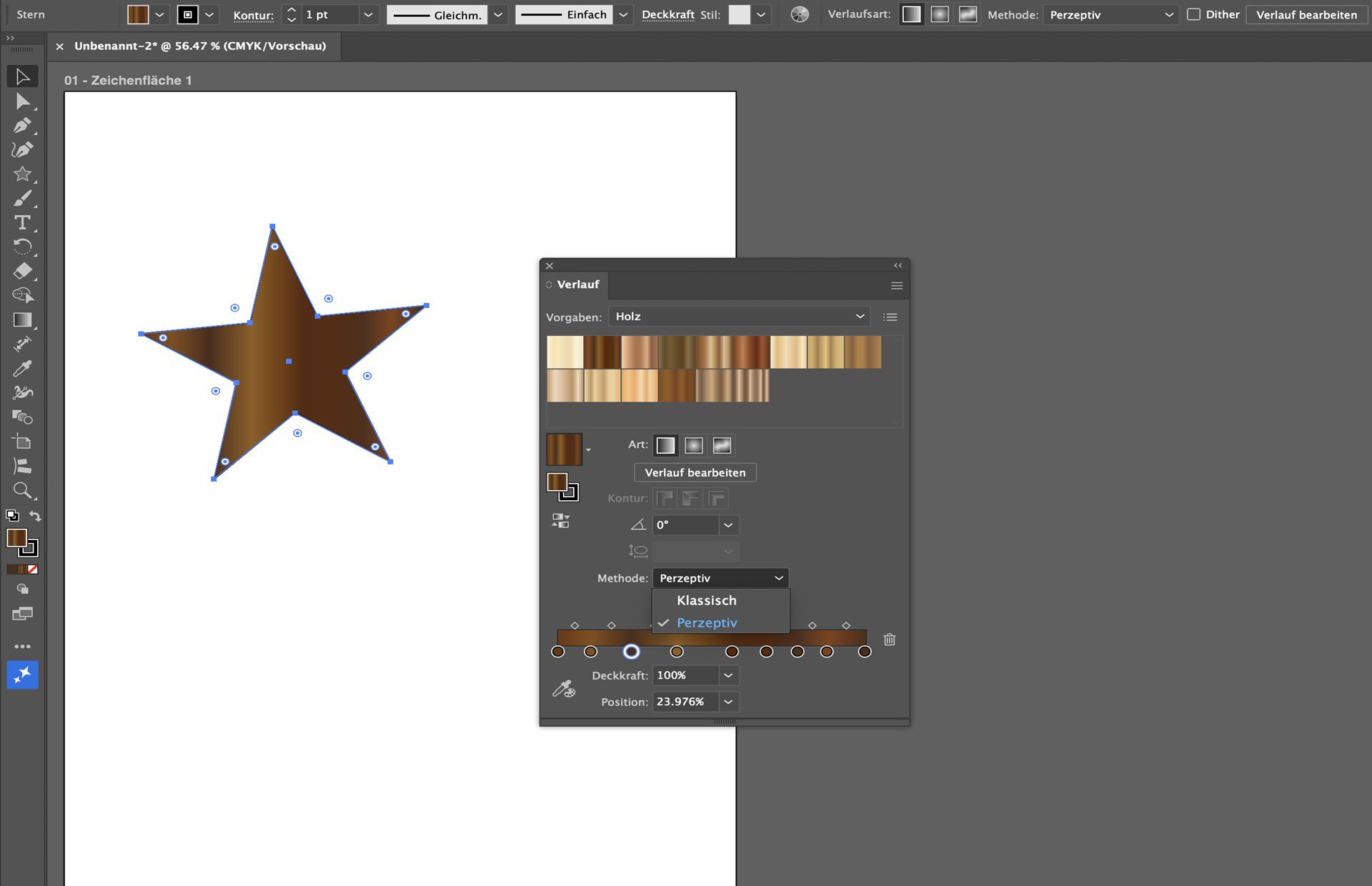 Verlauf-Bedienfeld in Illustrator zeigt Holz-Voreinstellungen mit auf perzeptuell eingestellter Interpolationsmethode auf einer Stern-Form.