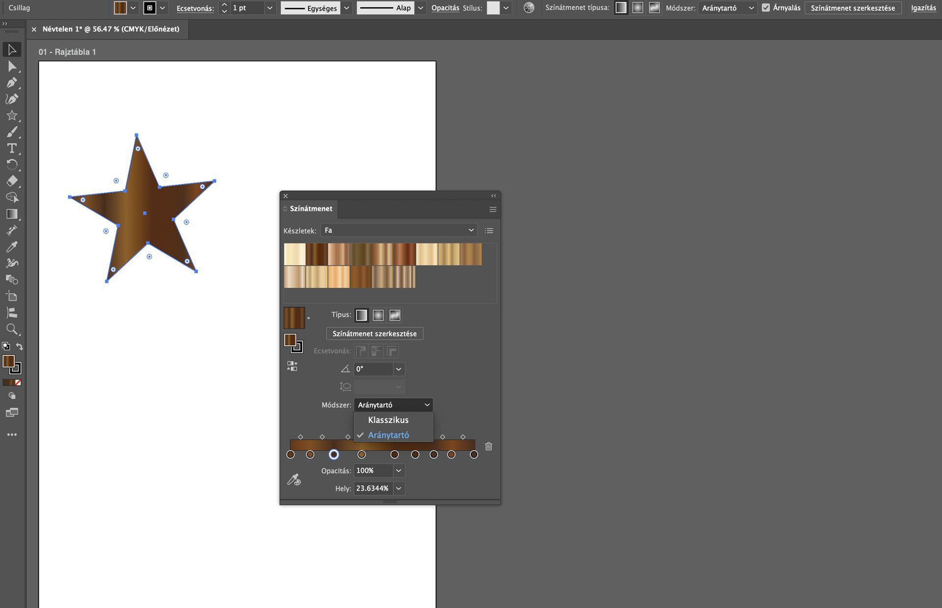 Színátmenet panel az Illustrator programban, amely fa előbeállításokat mutat az észlelési interpolációs módszerrel beállítva egy csillag alakzaton.