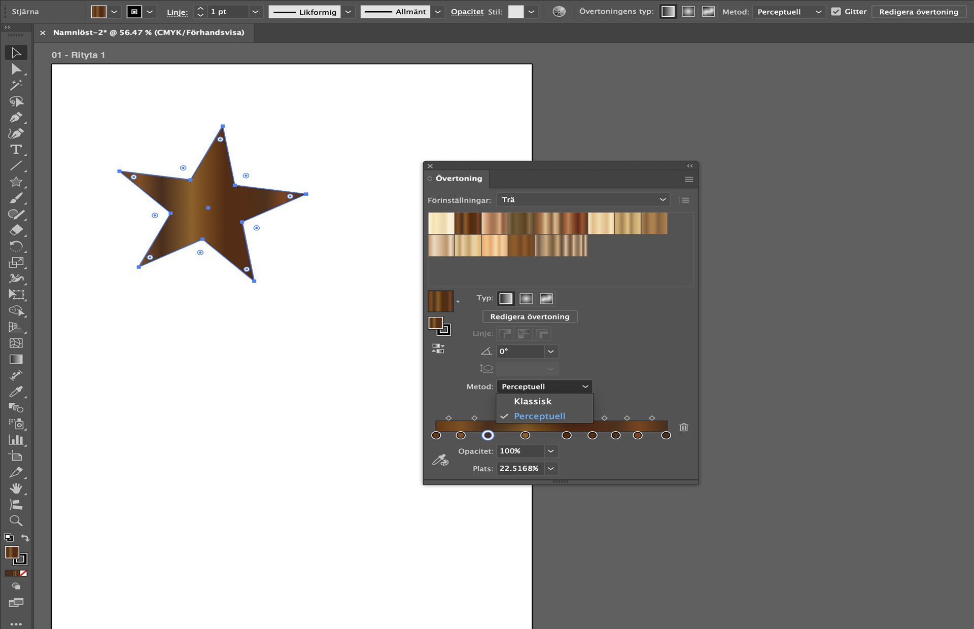 Gradient panel i Illustrator som visar träförinställningar med interpoleringsmetod inställd på perceptuell på en stjärnform.