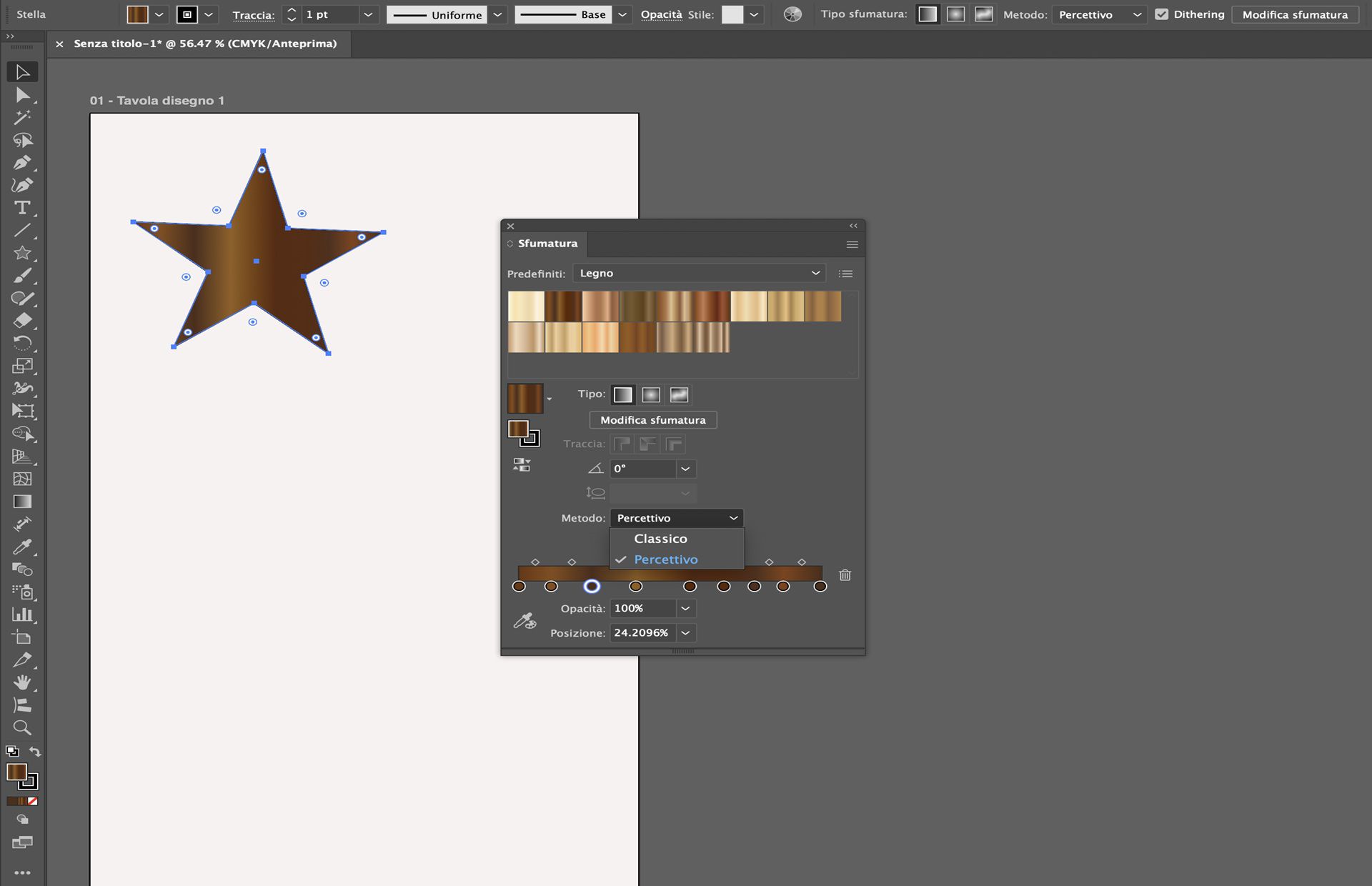Pannello Sfumatura in Illustrator che mostra i predefiniti per il legno con il metodo di interpolazione impostato su Percettivo su una forma a stella.