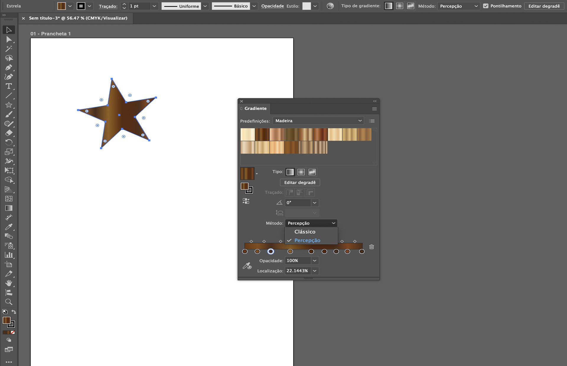 O painel Gradiente no Illustrator mostra predefinições de madeira com o método de interpolação definido como Perceptivo em uma forma de estrela.