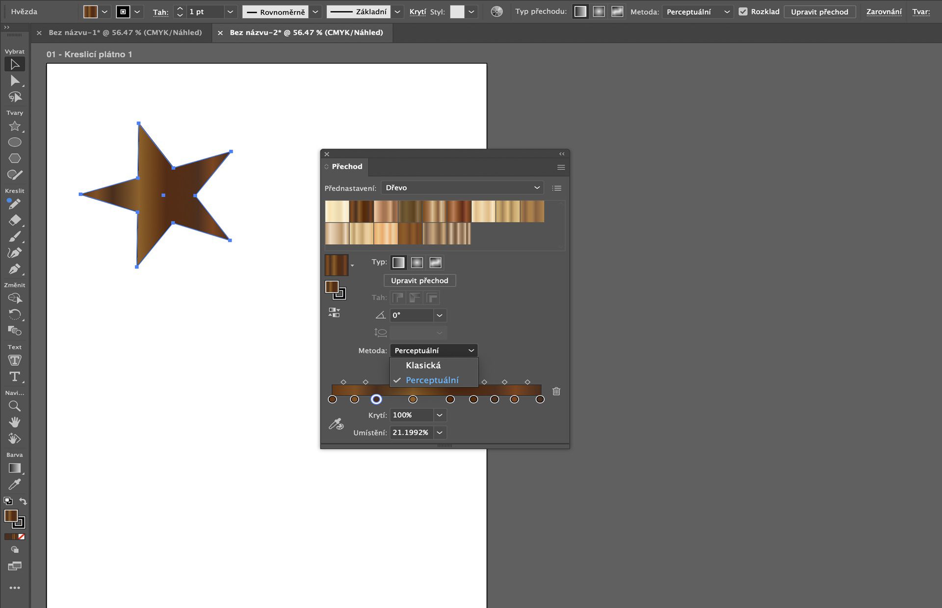 Panel Přechod v aplikaci Illustrator zobrazující předvolby dřeva (s metodou interpolace nastavenou na percepční) na tvaru hvězdy.