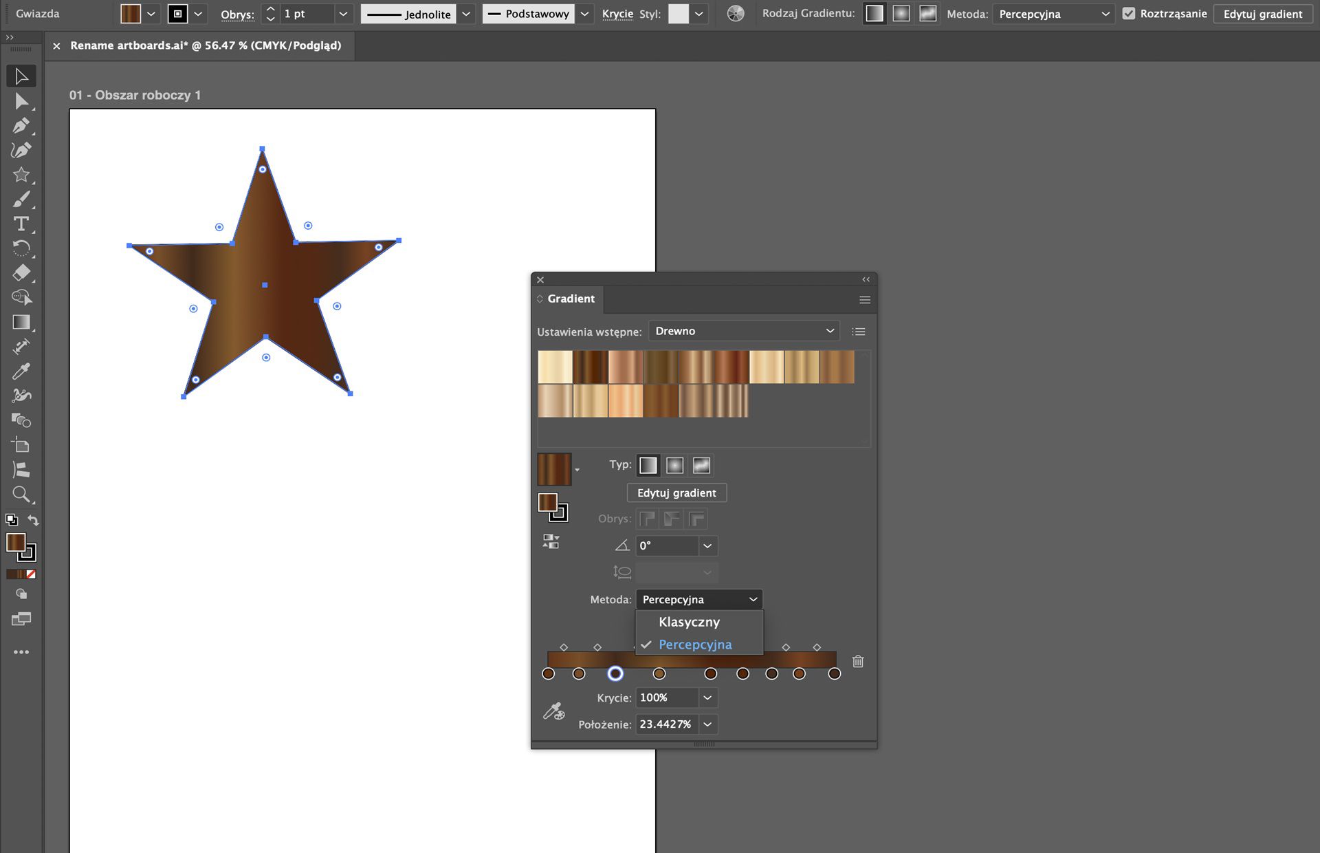 Panel Gradient w programie Illustrator przedstawiający ustawienia predefiniowane efektu drewna z metodą interpolacji ustawioną na percepcyjną na kształcie gwiazdy.