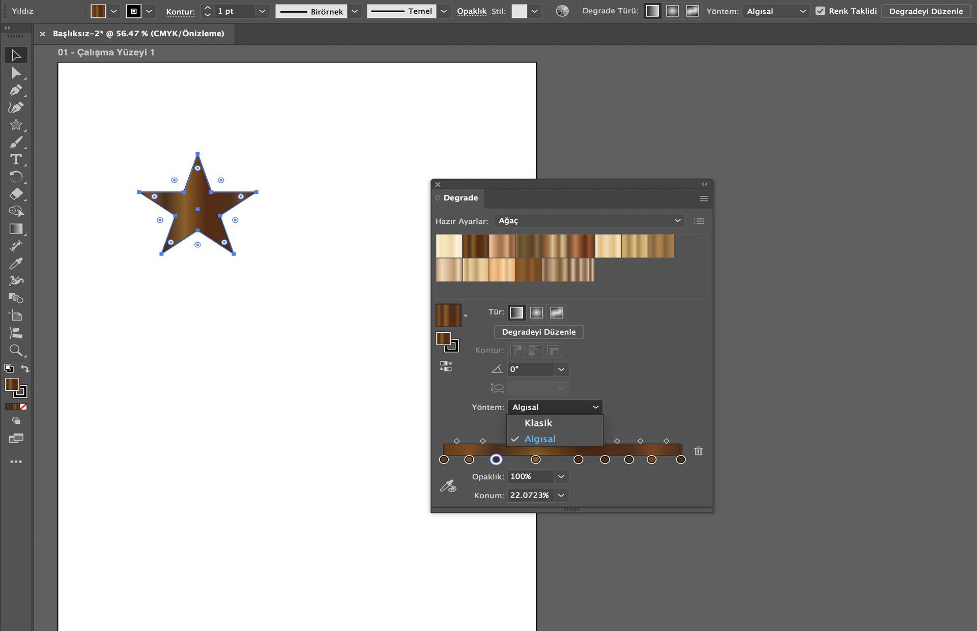 Yıldız şekli üzerinde enterpolasyon yöntemi algısal olarak ayarlanmış ahşap hazır ayarlarını gösteren Illustrator'daki Degrade paneli.