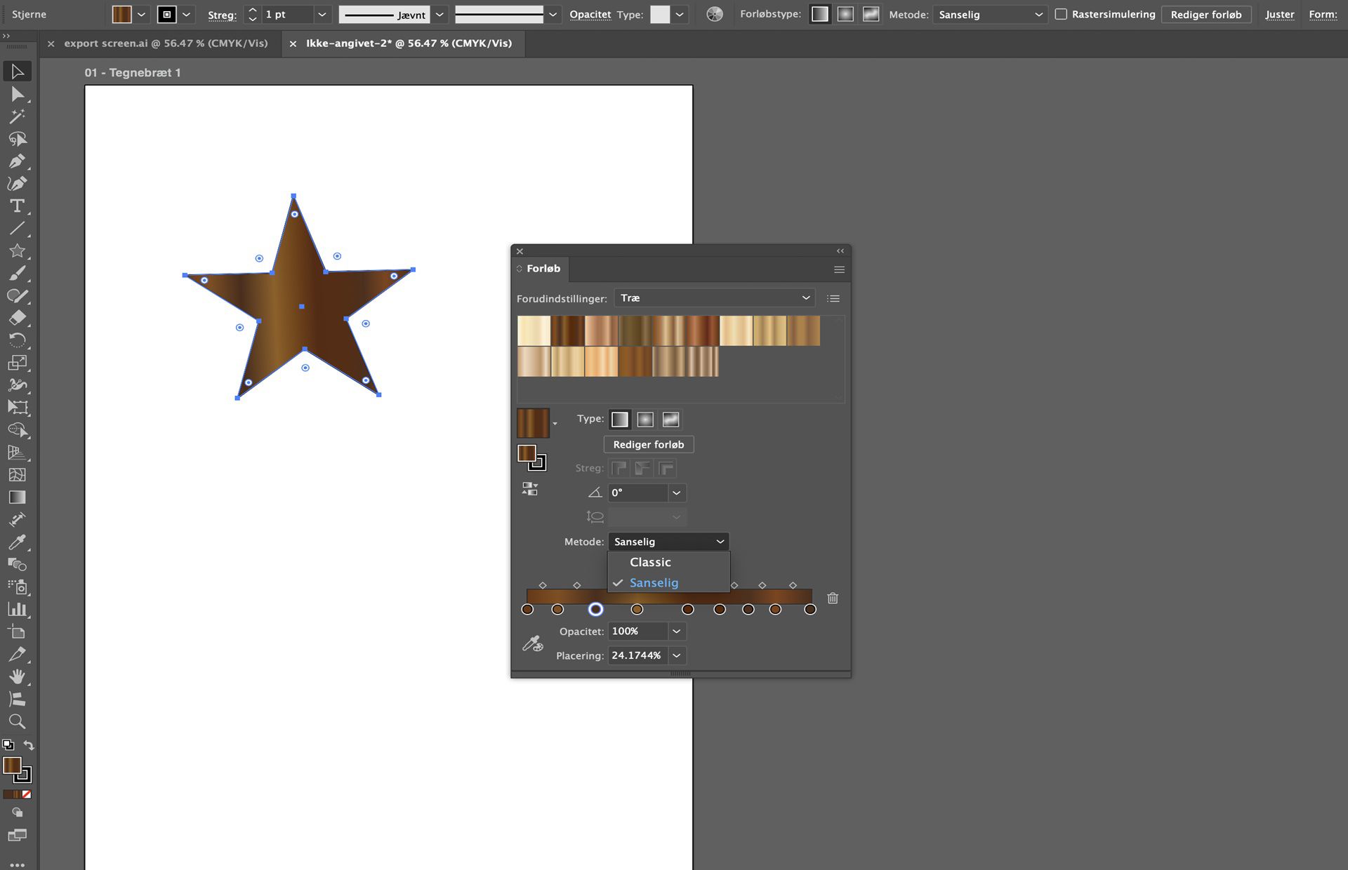Panelet Forløb i Illustrator, der viser træ-forudindstillinger med interpolationsmetode indstillet til Sanselig på en stjerneform.