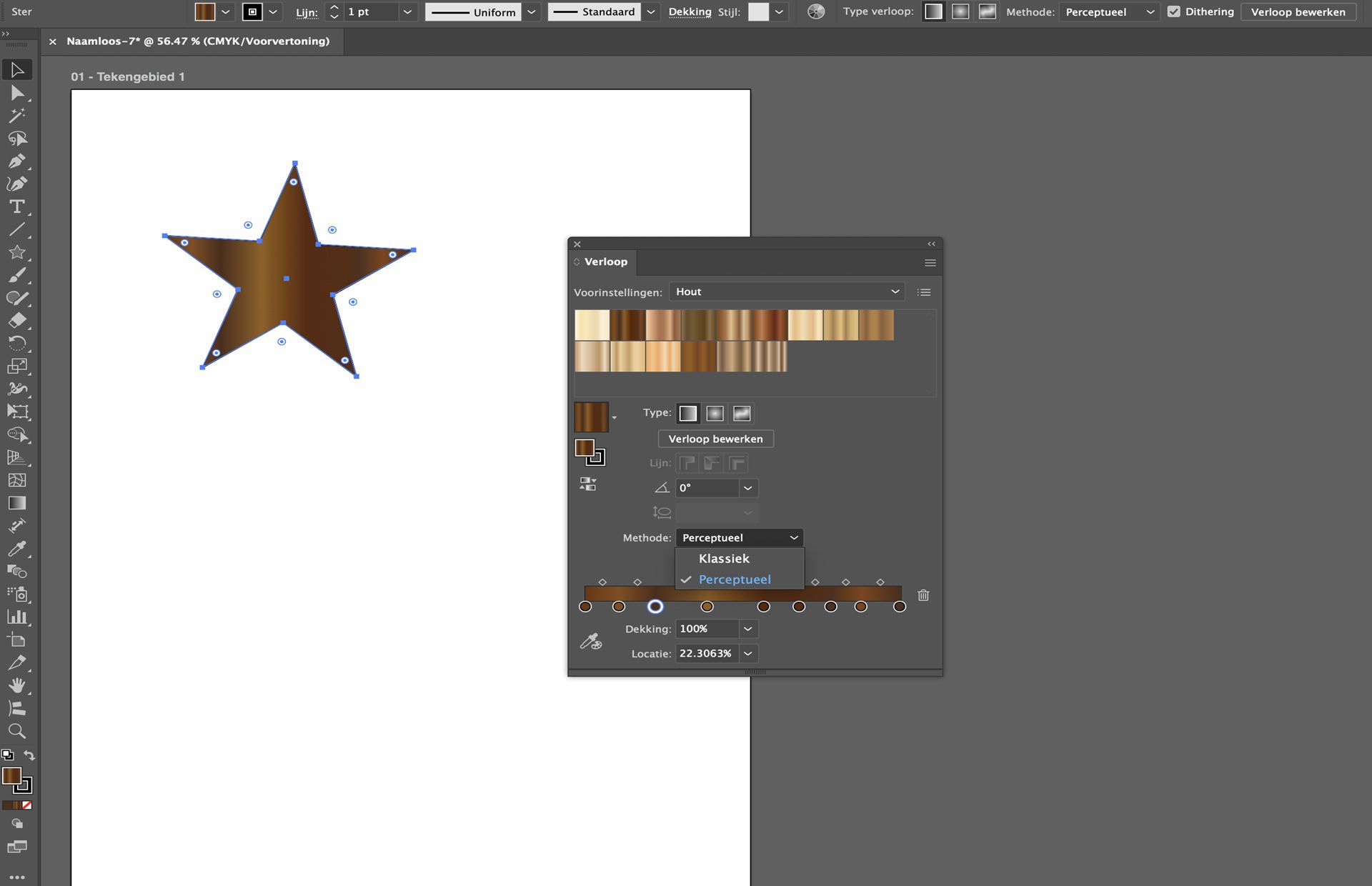 Deelvenster Verloop in Illustrator met voorinstellingen voor hout waarbij de interpolatiemethode is ingesteld op perceptueel op een stervorm.