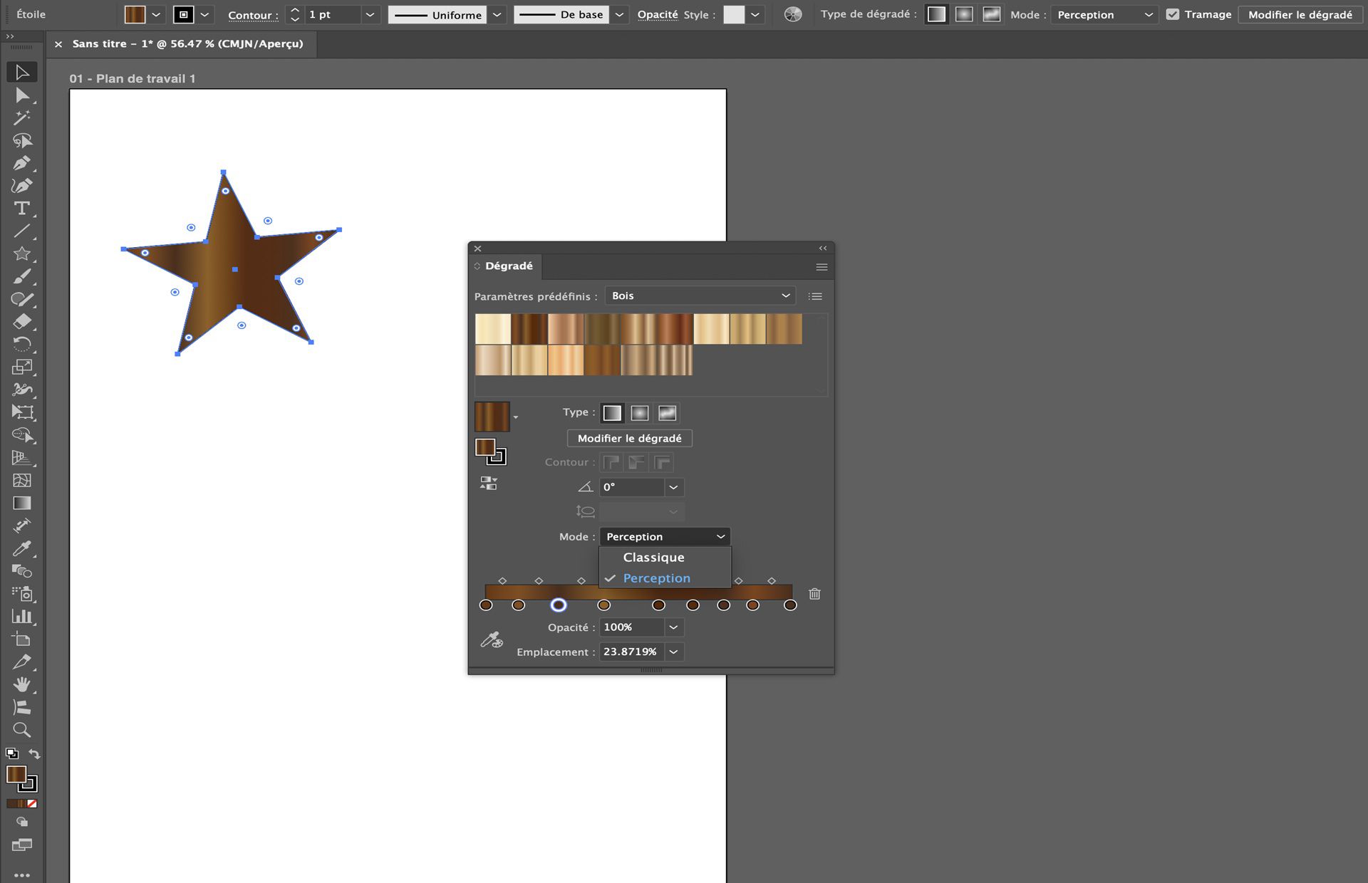 Panneau Dégradé dans Illustrator montrant des paramètres prédéfinis de bois avec la méthode d’interpolation définie sur Perception sur une forme d’étoile.
