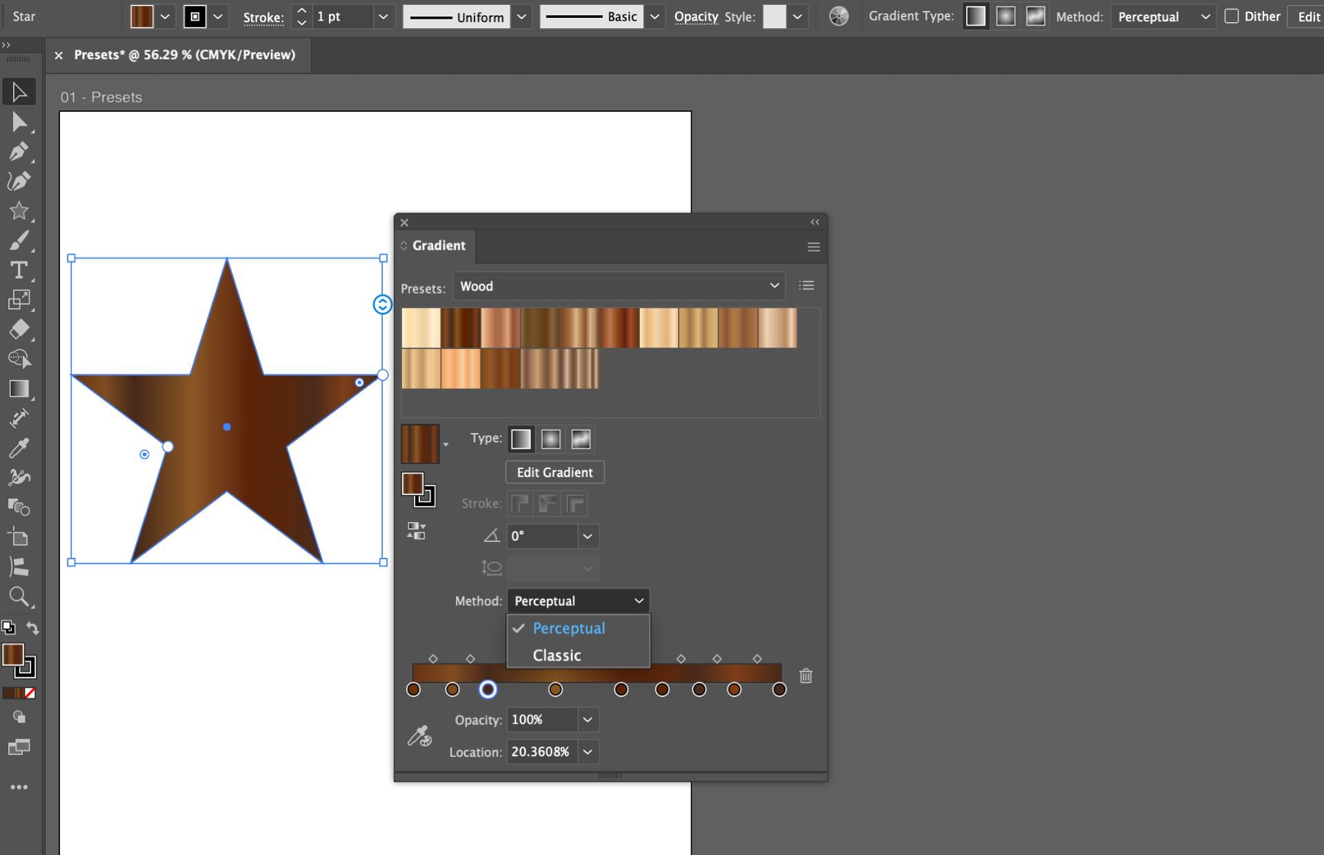 Gradient panel in Illustrator showing wood presets with interpolation method set to perceptual on a star shape.