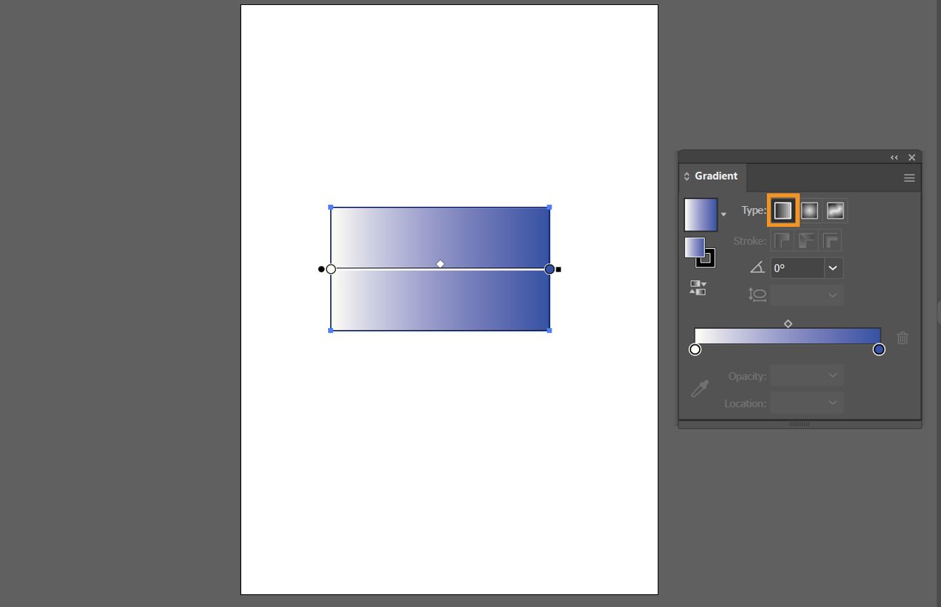 لوحة Gradient مع تحديد Linear Gradient، وكائن تم تطبيق تدرج خطي عليه.