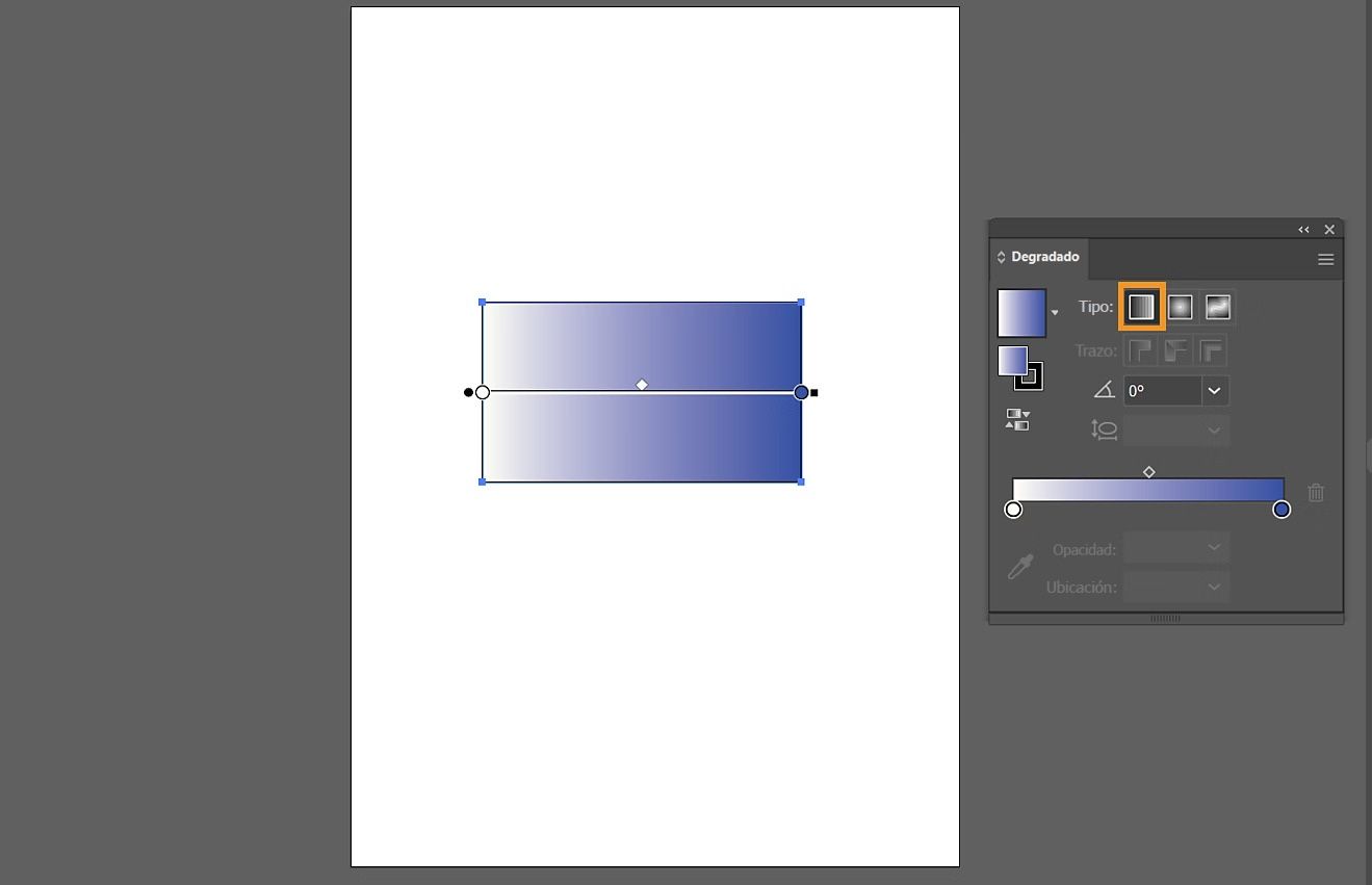 Panel de degradado con Degradado lineal seleccionado, y un objeto al que se ha aplicado un degradado lineal.