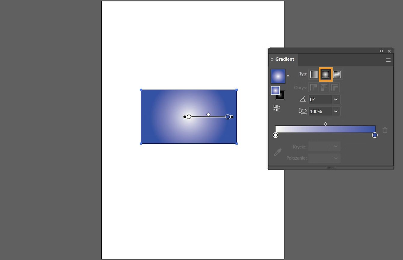 Panel Gradient z wybranym gradientem radialnym oraz obiekt, na którym zastosowano gradient radialny.