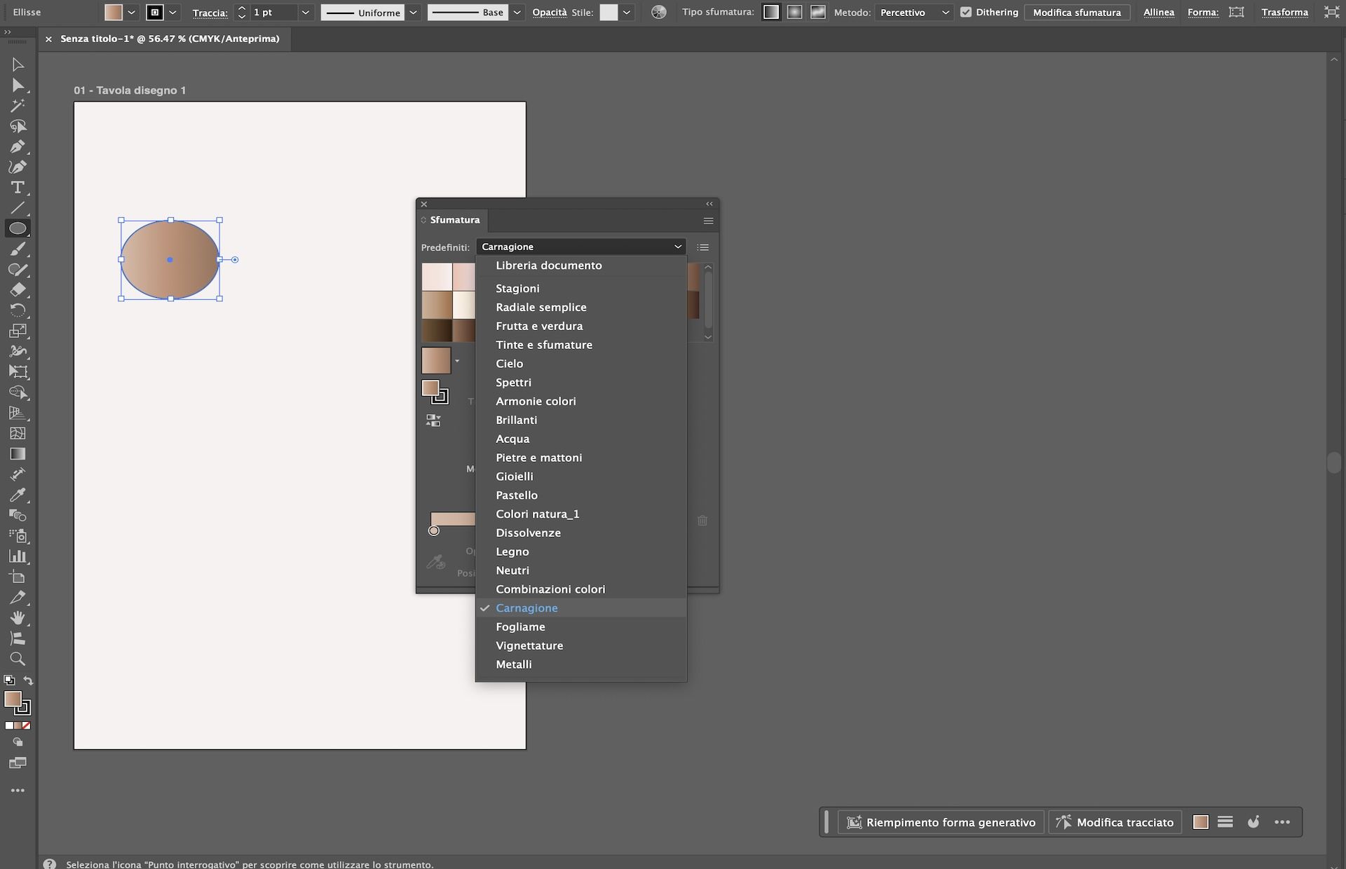 Pannello Sfumatura in Illustrator che mostra le opzioni dei predefiniti, con una sfumatura per la tonalità della pelle applicata a una forma circolare.