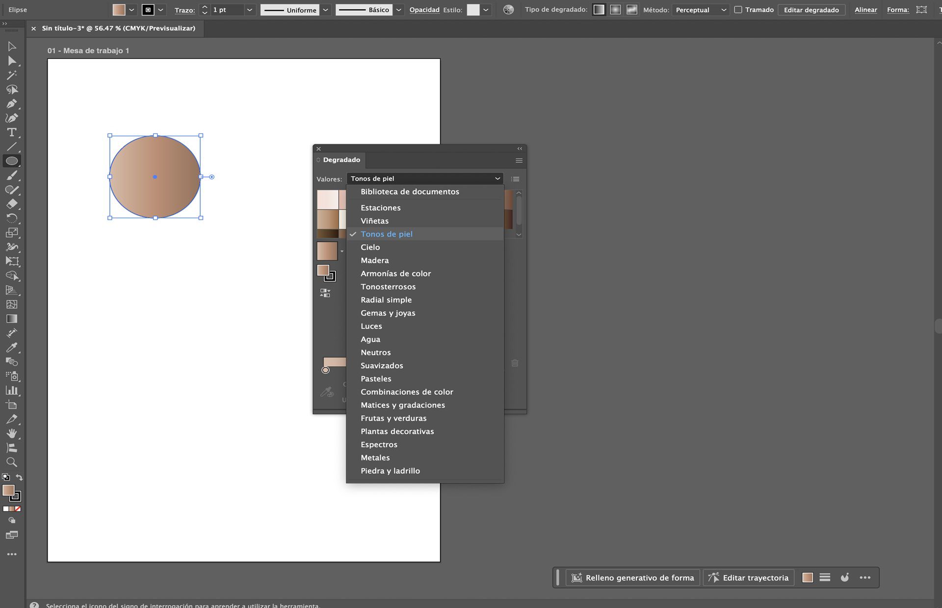El panel Degradado de Illustrator muestra las opciones predefinidas, con el degradado de tono de piel aplicado a una forma circular.