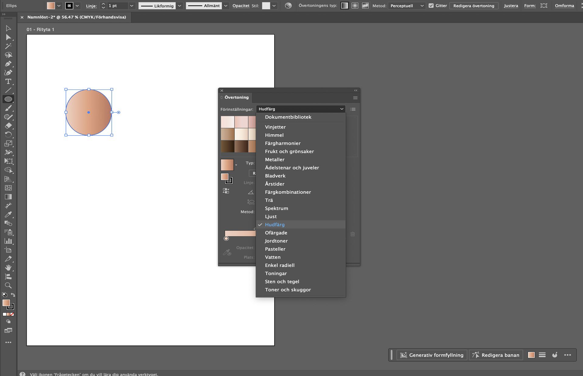 Panelen Övertoning i Illustrator visar förinställda alternativ, med hudtonsövertoning tillämpad i en cirkelform.