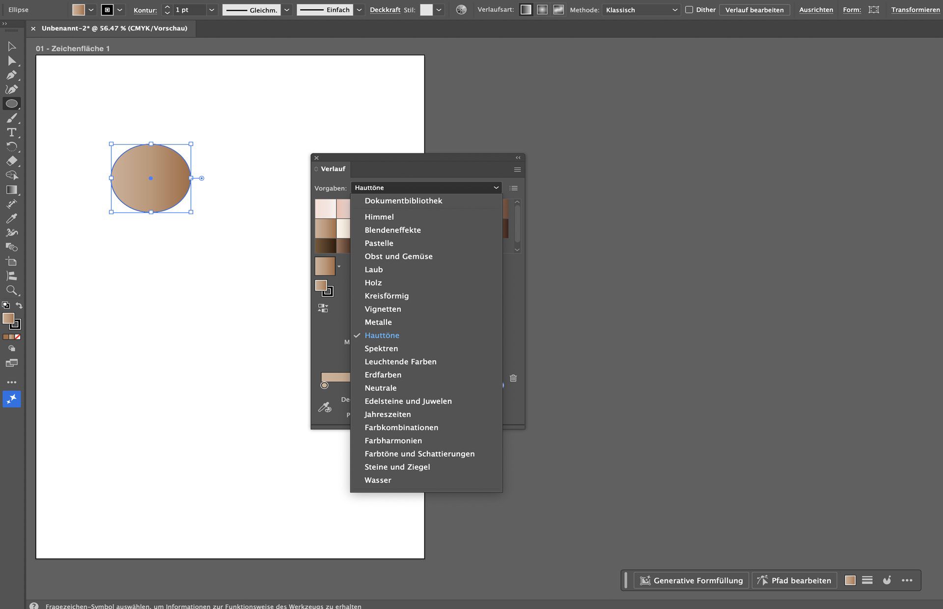 Das Verlaufsbedienfeld in Illustrator zeigt Vorgabeoptionen mit einem auf eine Kreisform angewendeten Hautton-Verlauf.