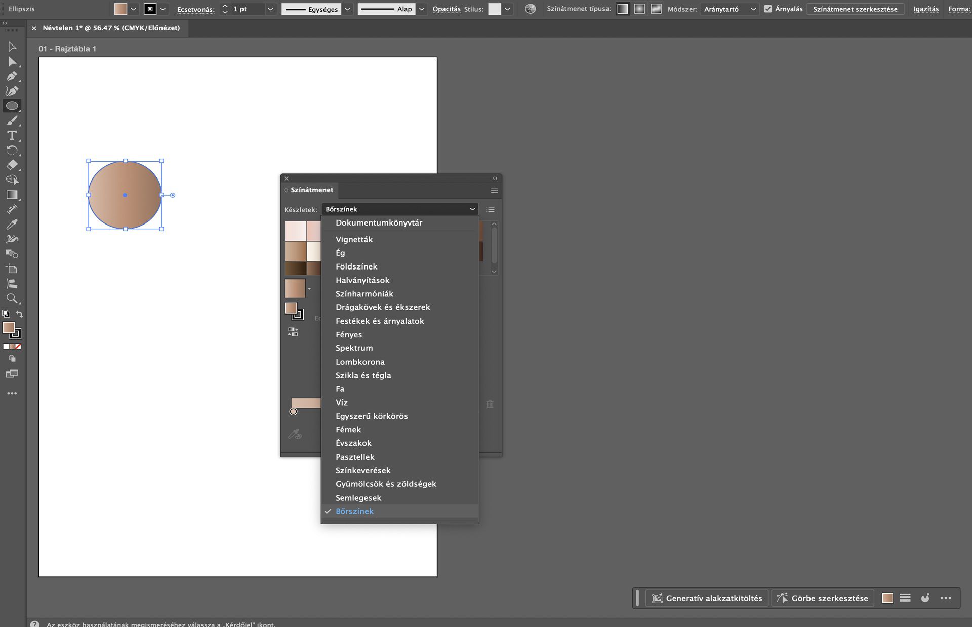 Az Illustrator színátmenet panele az előre beállított opciókat mutatja, bőrtónus-színátmenettel egy kör alakzatra alkalmazva.
