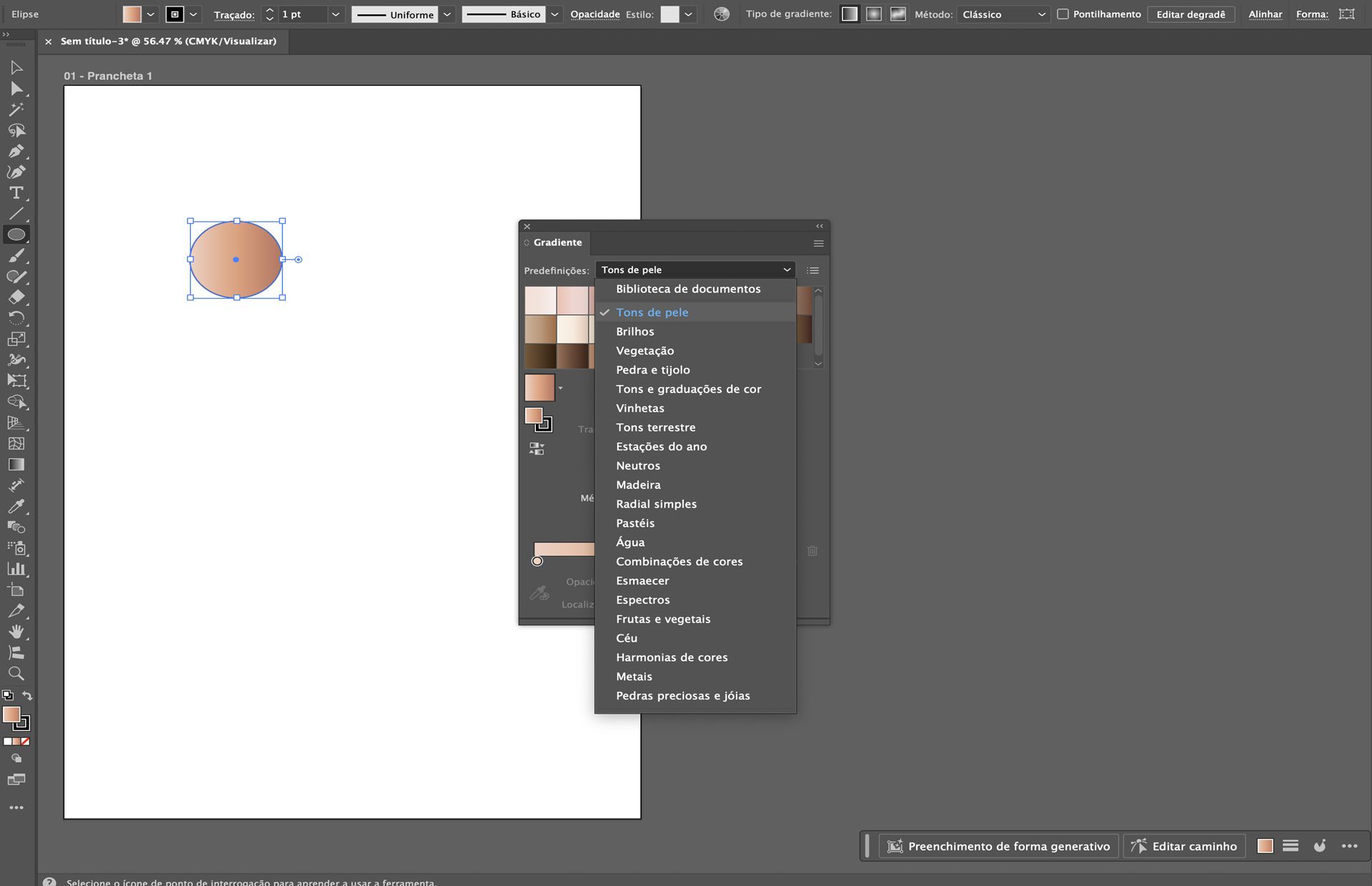 Painel Gradiente no Illustrator mostrando opções de predefinições, com um gradiente de tom de pele aplicado a uma forma circular.