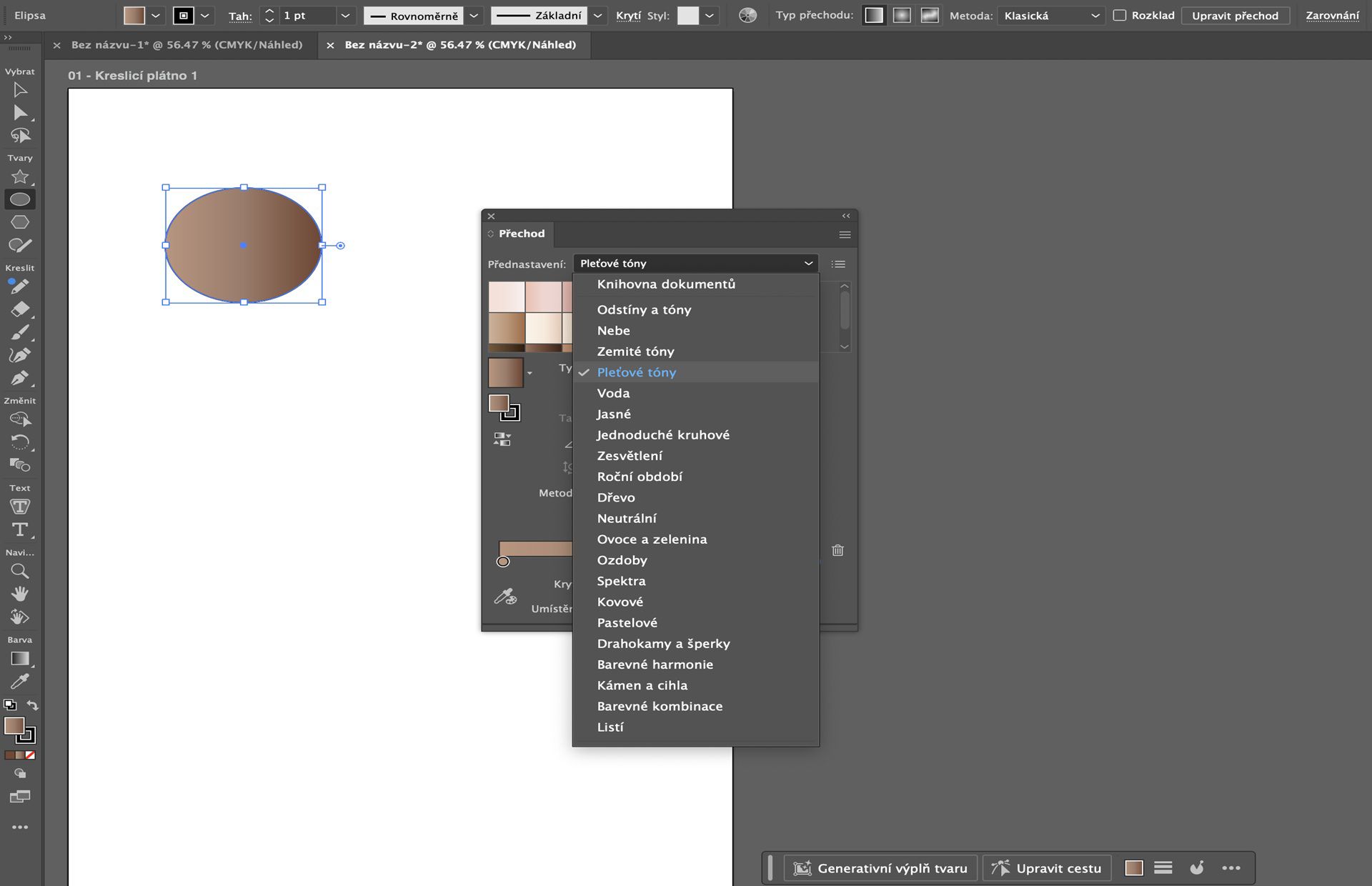 Panel Přechod v aplikaci Illustrator zobrazující předvolby s přechodem tónu pleti aplikovaným na kruhový tvar.