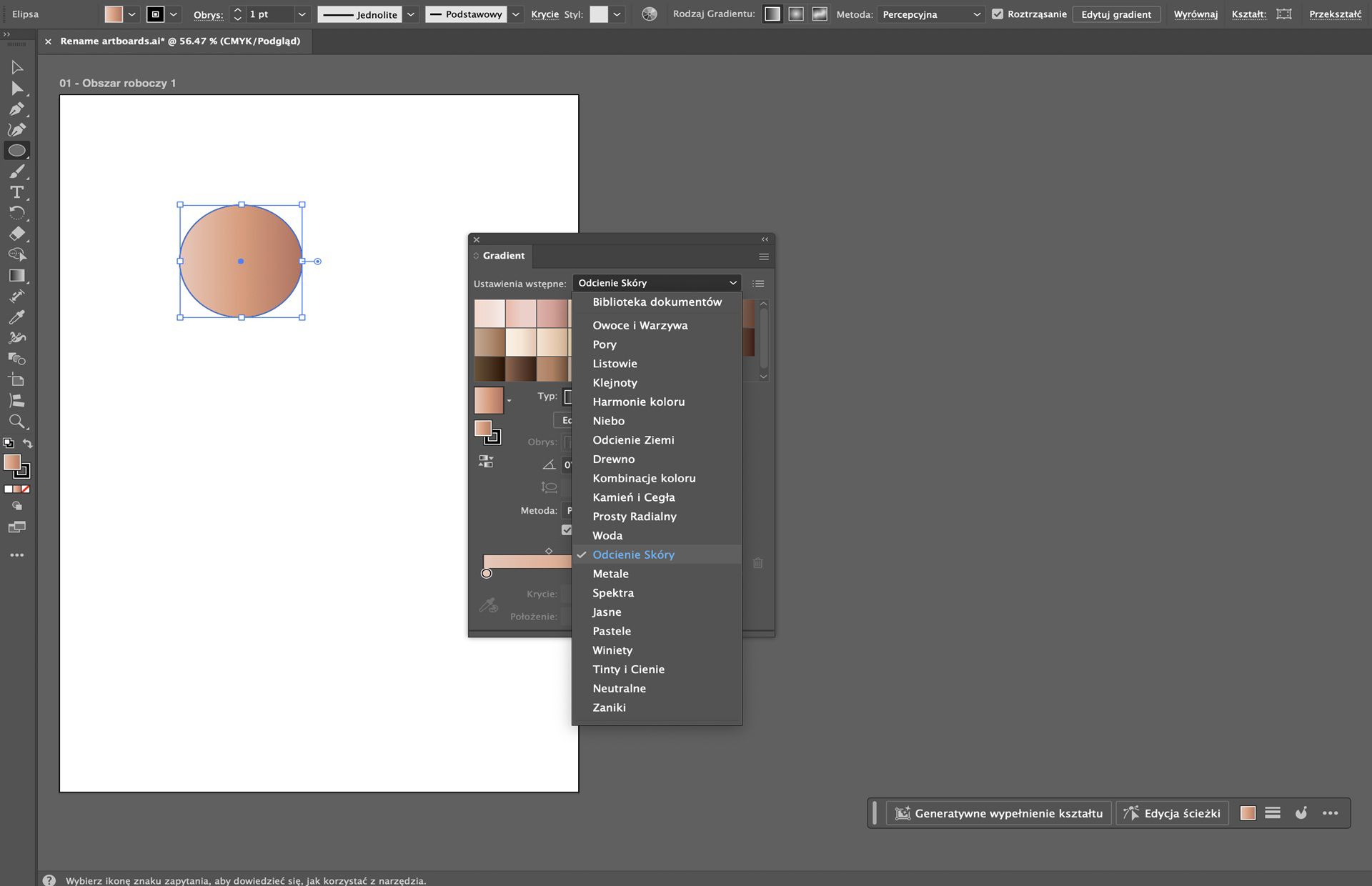 Panel Gradient w Illustrator pokazujący opcje predefiniowane, z gradientem odcieni skóry zastosowanym do kształtu koła.