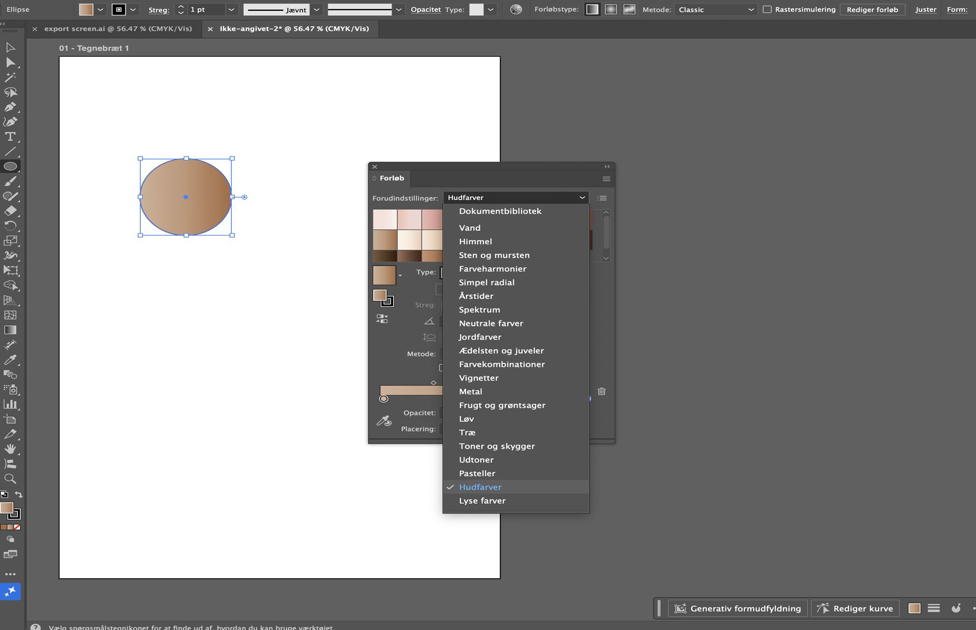 Panelet Forløb i Illustrator viser forudindstillede muligheder, med hudtoneforløb anvendt på en cirkelform.