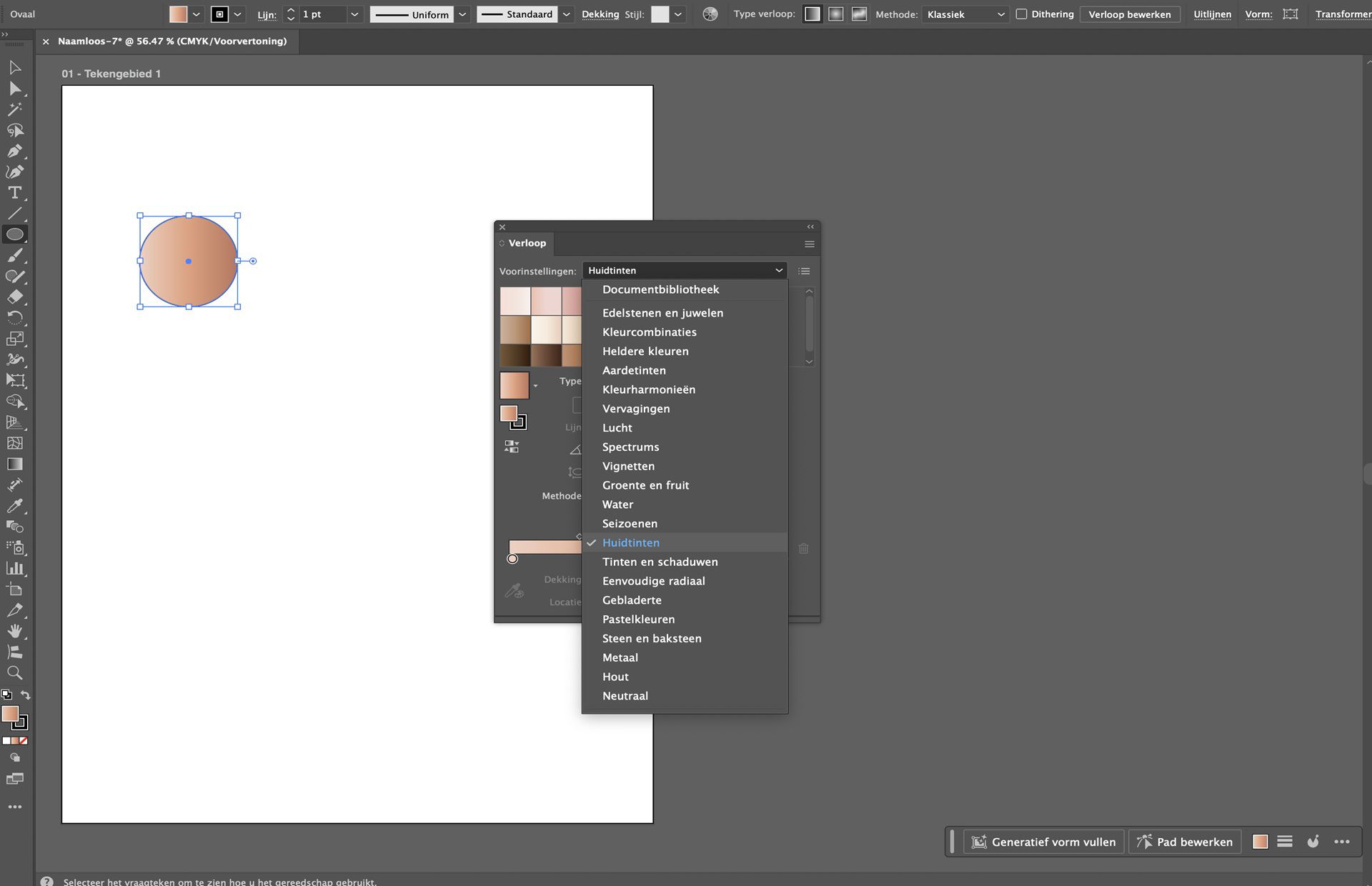 Het deelvenster Verloop in Illustrator met vooraf ingestelde opties, met een verloop voor huidtinten toegepast op een cirkelvorm.