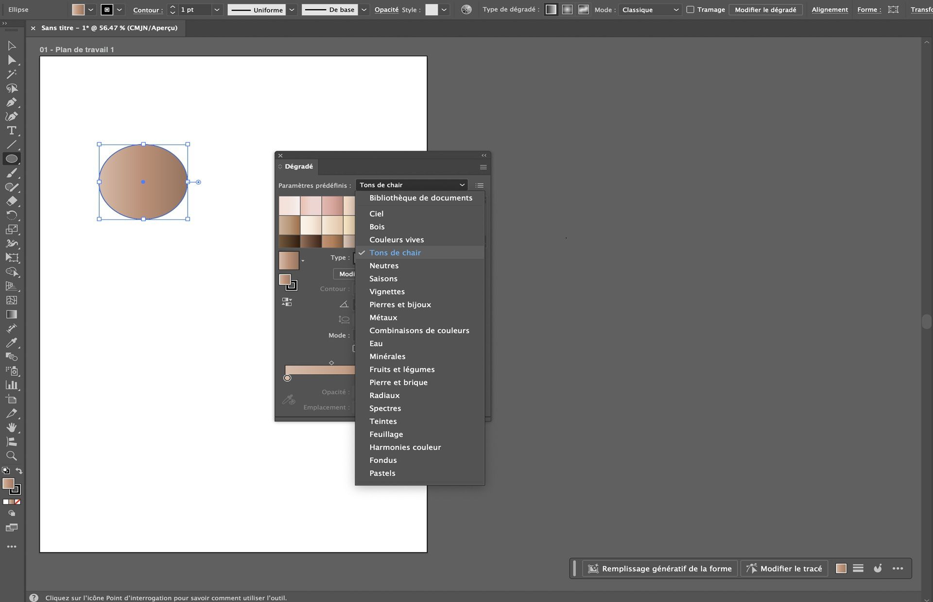 Panneau Dégradé dans Illustrator affichant les options prédéfinies, avec un dégradé de tons de peau appliqué à une forme circulaire.