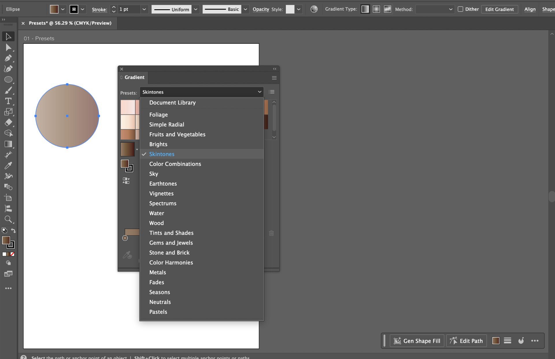 Gradient panel in Illustrator showing preset options, with skin tone gradient applied to a circle shape.