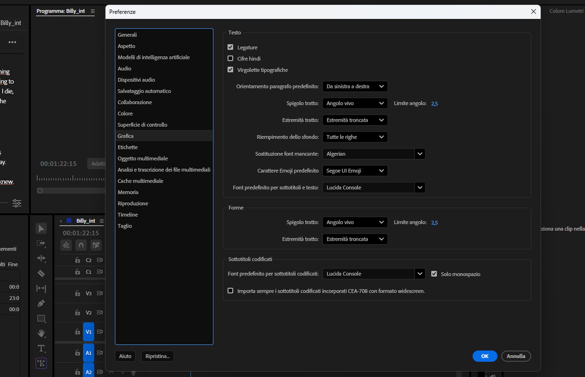 Pannello Preferenze che mostra le impostazioni di grafica per i font di icone, sottotitoli e sottotitoli codificati predefiniti e una casella di controllo per abilitare il formato widescreen per i sottotitoli CEA-708.