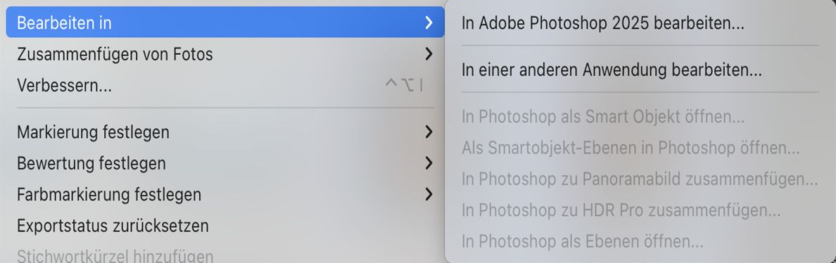 Ein Screenshot einer Bearbeitung in einem Photoshop-Fenster mit ausgegrauten Funktionen