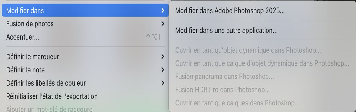 Capture d’écran d’une modification dans la fenêtre de Photoshop avec des fonctionnalités grisées