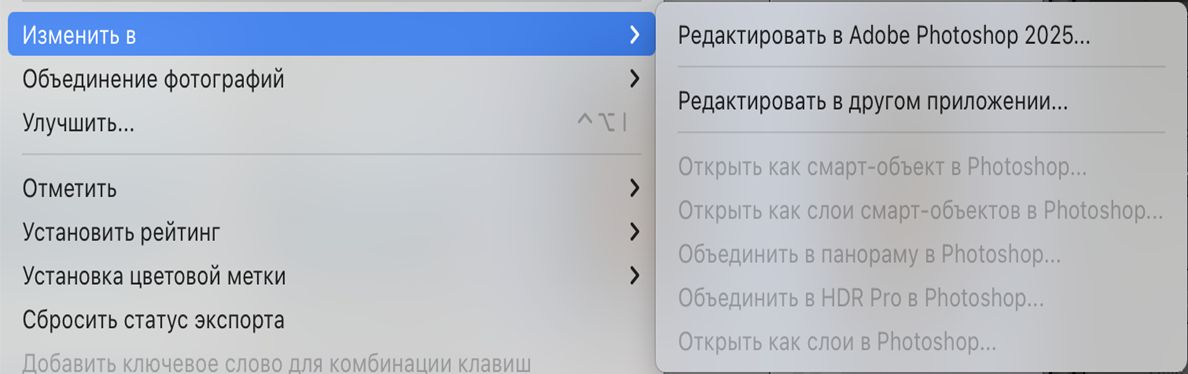 Снимок экрана окна редактирования в Photoshop с неактивными возможностями