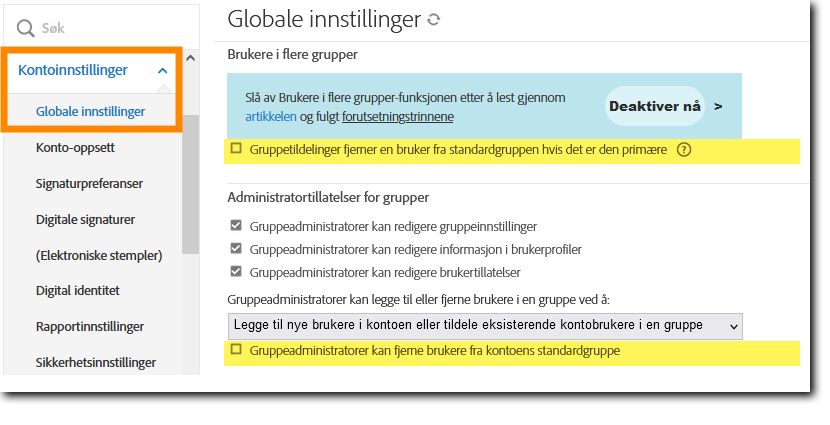 Gruppeadmininnstillinger for å fjerne brukere fra standardgruppen.