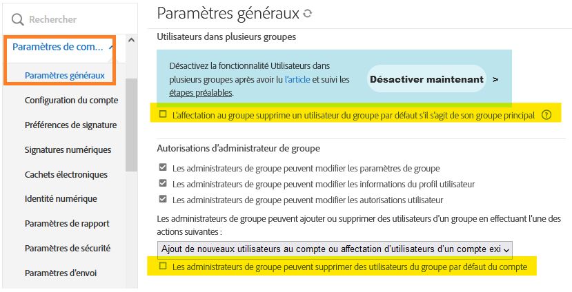 Paramètres d’administration de groupe pour la suppression d’utilisateurs du groupe par défaut.