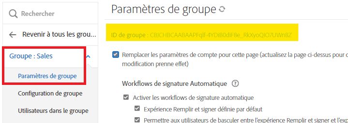 Onglet Paramètres de groupe avec l’ID de groupe mis en évidence