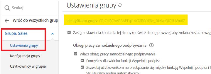 Karta Ustawienia grupy podświetlająca identyfikator grupy