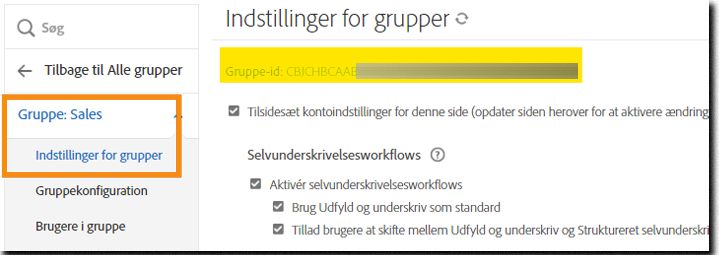 Fanen Gruppeindstillinger, der fremhæver gruppe-id'et