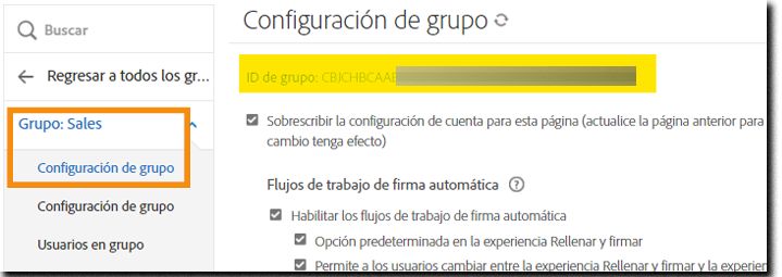 La pestaña Configuración de grupo resalta el ID de grupo