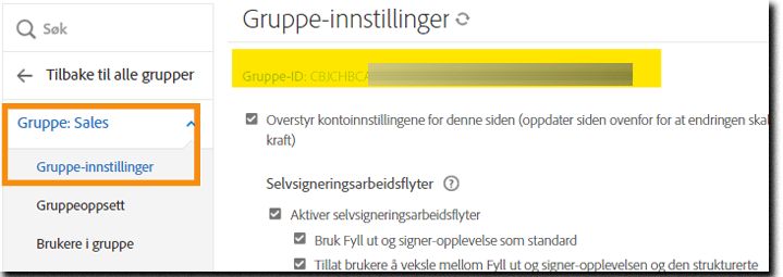 Fanen Gruppeinnstillinger uthever Gruppe-ID-en